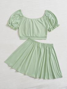 SHEIN VCAY Ruched Bust Puff Sleeve Crop Tee & Flare Skirt - Mint Green - View 2