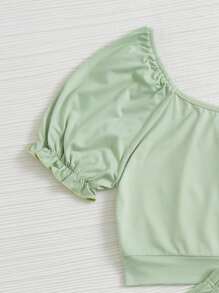 SHEIN VCAY Ruched Bust Puff Sleeve Crop Tee & Flare Skirt - Mint Green - View 4