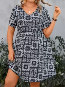 SHEIN LUNE Plus Paisley Print V Neck Dress - Multicolor - View 1