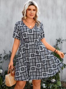 SHEIN LUNE Plus Paisley Print V Neck Dress - Multicolor - View 5