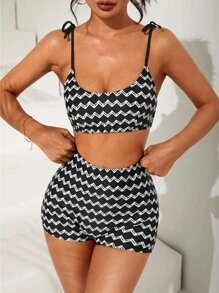 Chevron Print Tie Shoulder Summer Beach Bikini Set - Black and White - View 3