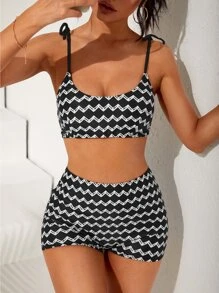 Chevron Print Tie Shoulder Summer Beach Bikini Set - Black and White - View 4