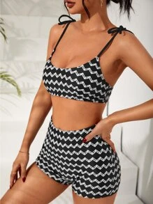 Chevron Print Tie Shoulder Summer Beach Bikini Set - Black and White - View 5