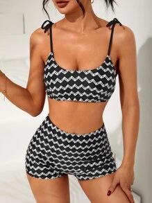 Chevron Print Tie Shoulder Summer Beach Bikini Set - Black and White - View 6