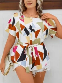 SHEIN LUNE Plus Geo Print Belted Blouse - Multicolor - View 3