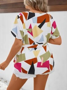 SHEIN LUNE Plus Geo Print Belted Blouse - Multicolor - View 2