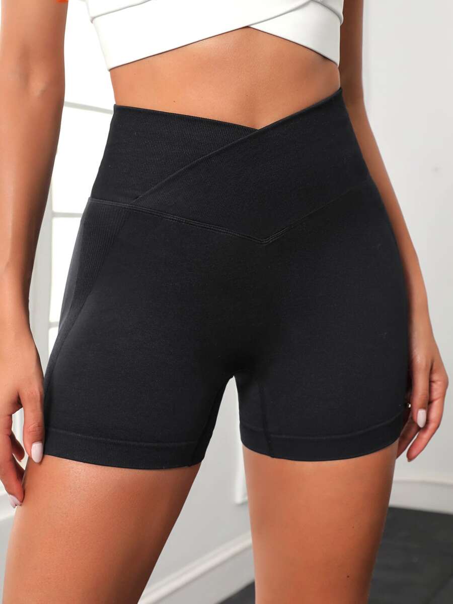 Easithlete Overlap Waist Sports Shorts - Black - View 1