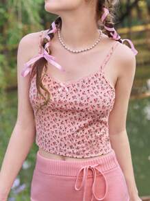 ROMWE Kawaii Ditsy Floral Lace Trim Cami Top - Pink - View 1