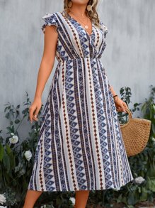 SHEIN Holidaya Vestido con estampado geométrico de manga mariposa - Multicolor - Ver 1