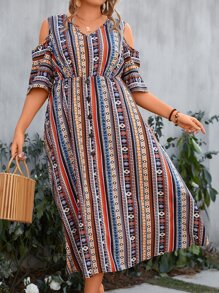 SHEIN LUNE Plus Geo Print Cold Shoulder Dress - Multicolor - View 1