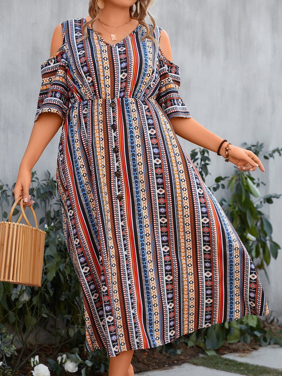 SHEIN LUNE Plus Geo Print Cold Shoulder Dress - Multicolor - View 1