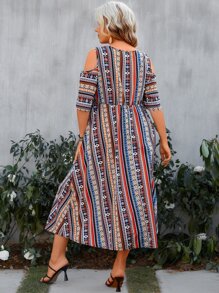 SHEIN LUNE Plus Geo Print Cold Shoulder Dress - Multicolor - View 2