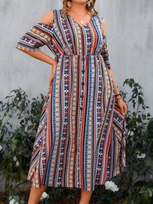 SHEIN LUNE Plus Geo Print Cold Shoulder Dress - Multicolor - View 4