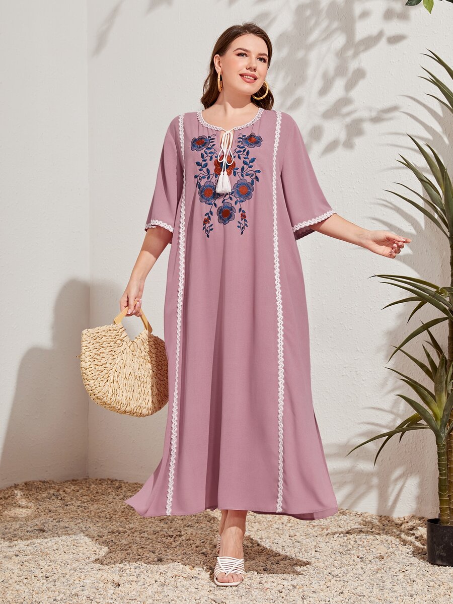 Al Najma Plus Size Embroidered Floral Tassel Detailing Dress - Dusty Pink - View 1