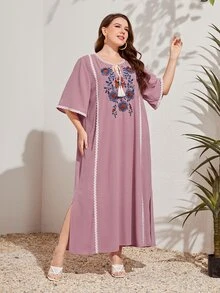 Al Najma Plus Size Embroidered Floral Tassel Detailing Dress - Dusty Pink - View 3