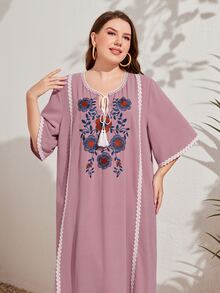 Al Najma Plus Size Embroidered Floral Tassel Detailing Dress - Dusty Pink - View 5