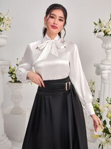 Mulvari Tie Neck Satin Top - White - View 1