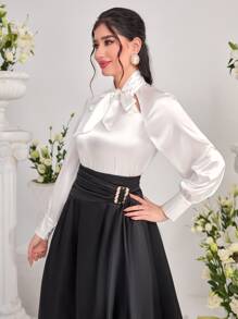 Mulvari Tie Neck Satin Top - White - View 3