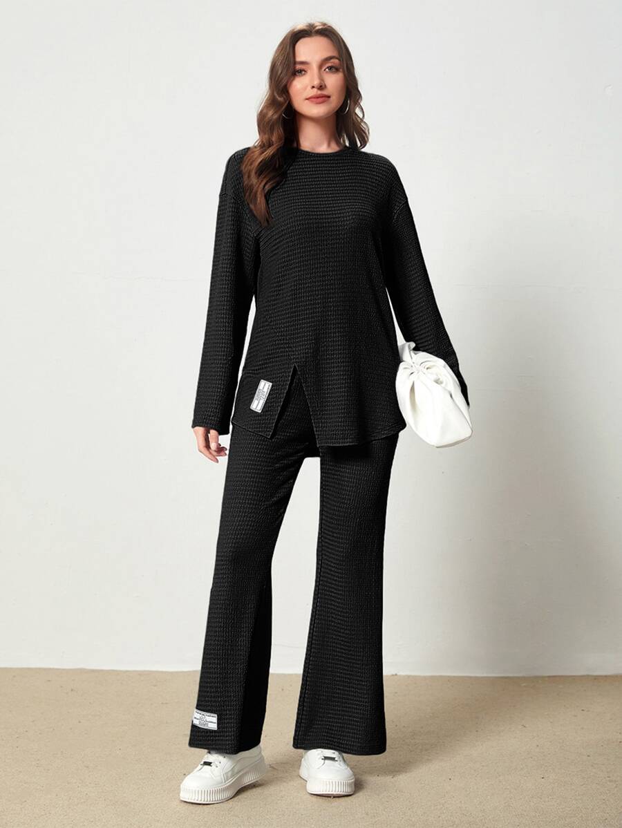 Mulvari 字母貼布落肩T恤和喇叭褲 - 黑色 - 查看 1