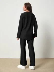 Mulvari 字母貼布落肩T恤和喇叭褲 - 黑色 - 查看 2