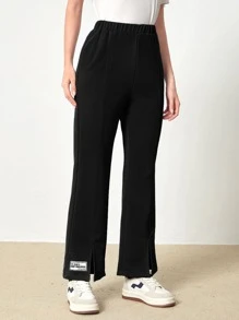 Muchica Letter Patched Split Hem Sweatpants - Black - View 1