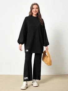 Muchica Letter Patched Split Hem Sweatpants - Black - View 4