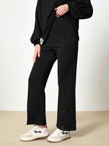 Muchica Letter Patched Split Hem Sweatpants - Black - View 5