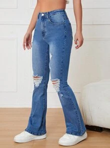 Ripped Flare Leg Jeans - Medium Wash - View 2