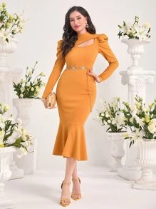 Mulvari 鏤空羊腿袖魚尾裙下擺不附腰帶緊身洋裝