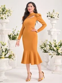 Mulvari 鏤空羊腿袖魚尾裙下擺不附腰帶緊身洋裝