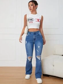 Ripped Flare Leg Jeans - Medium Wash - View 5