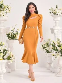 Mulvari 鏤空羊腿袖魚尾裙下擺不附腰帶緊身洋裝