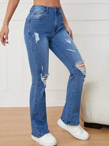 Ripped Flare Leg Jeans - Medium Wash - View 6