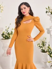 Mulvari 鏤空羊腿袖魚尾裙下擺不附腰帶緊身洋裝