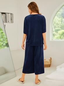 SHEIN Unity Drop Shoulder Velvet PJ Set - Navy Blue - View 2