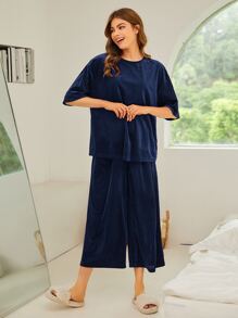 SHEIN Unity Drop Shoulder Velvet PJ Set - Navy Blue - View 3