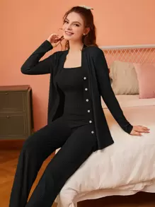 SHEIN Unity Button Front Robe & Cami Top & Trousers PJ Set