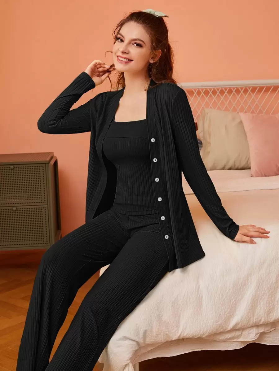 SHEIN Unity Button Front Robe & Cami Top & Trousers PJ Set