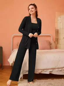 SHEIN Unity Button Front Robe & Cami Top & Trousers PJ Set