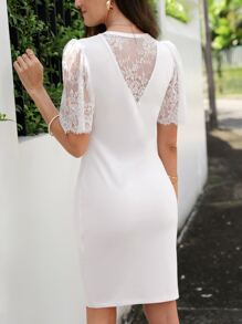 SHEIN Clasi Vestido ajustado con encaje en contraste de manga mariposa - Blanco - Ver 1