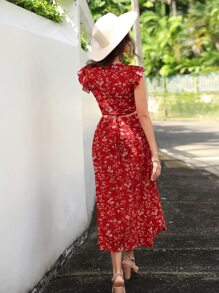 SHEIN Clasi Floral Print Wrap Tie Back Top & Skirt - Red - View 3
