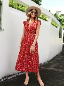 SHEIN Clasi Floral Print Wrap Tie Back Top & Skirt - Red - View 4