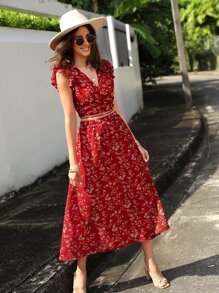 SHEIN Clasi Floral Print Wrap Tie Back Top & Skirt - Red - View 1