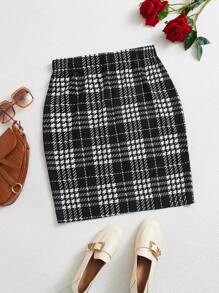 SHEIN LUNE Plus Plaid Print Skirt - Black and White - View 1