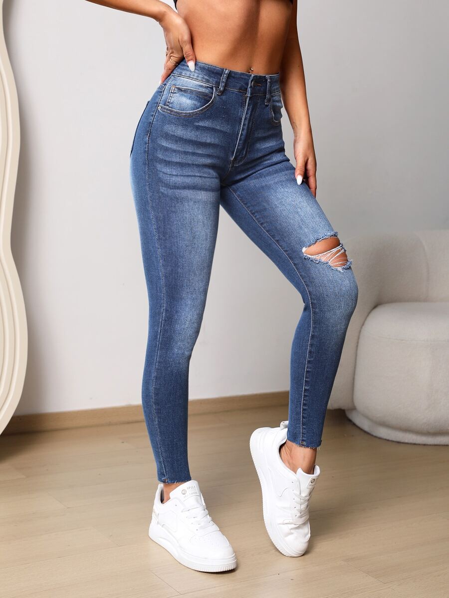 Ripped Skinny Jeans - Medium Wash - View 1