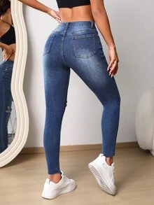 Ripped Skinny Jeans - Medium Wash - View 2