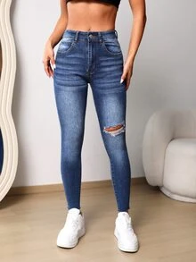 Ripped Skinny Jeans - Medium Wash - View 4