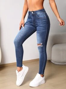 Ripped Skinny Jeans - Medium Wash - View 6