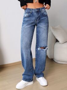 Ripped Straight Leg Jeans - Medium Wash - View 1