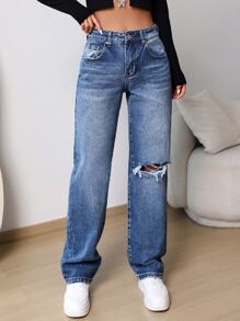 Ripped Straight Leg Jeans - Medium Wash - View 3